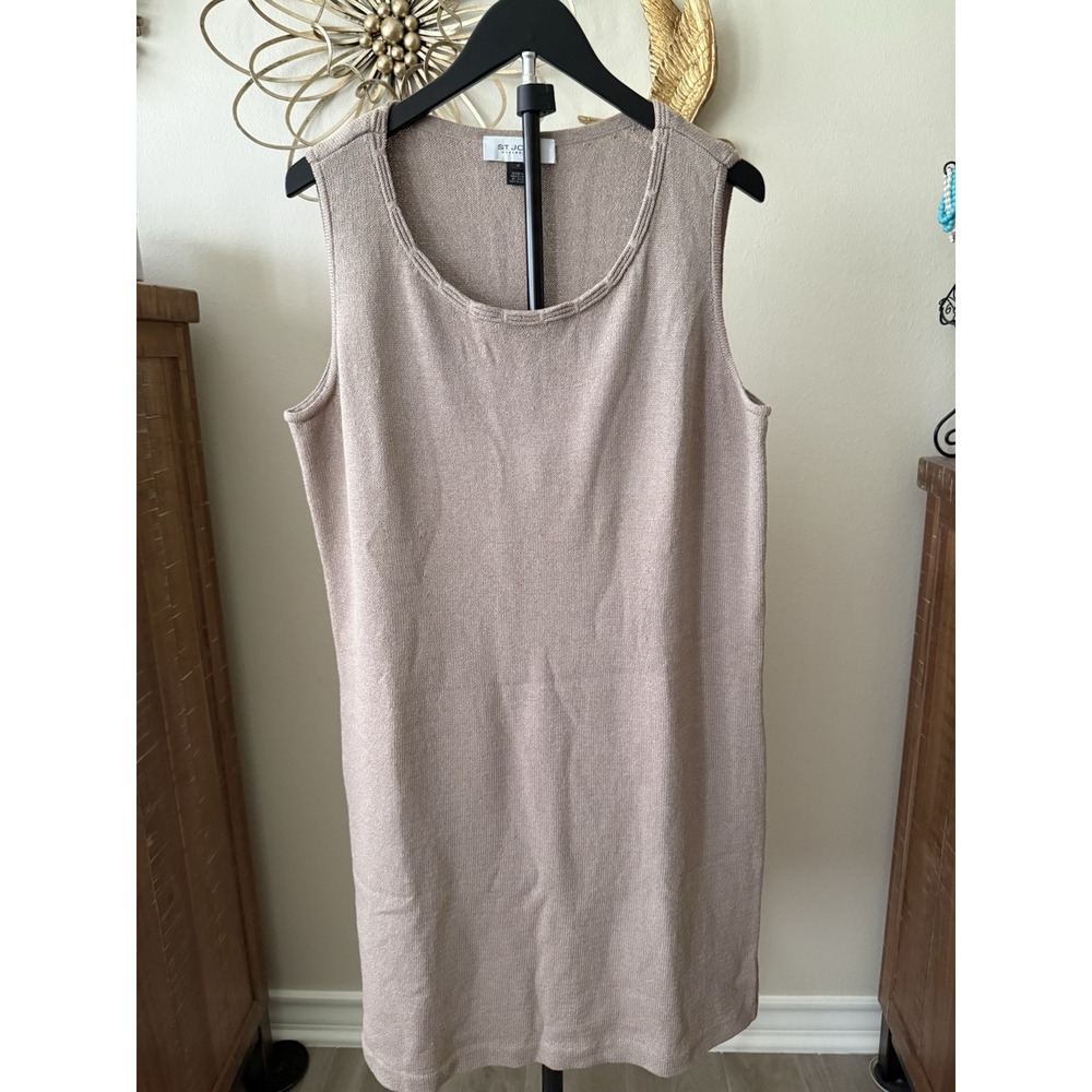 St John Collection Dress 14 Beige Wool Rayon Sleeveless‎ Knit Altered Hem